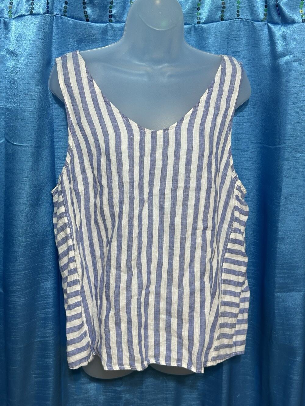Nicole Miller 100% Linen Tank Top Blue And White Striped SZ XL